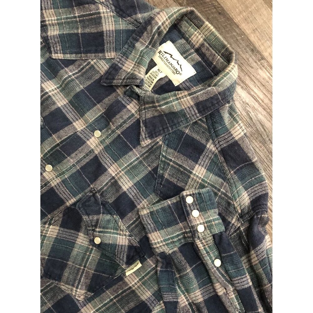 Kilimanjaro Pearl Snap Mens XLT Blue & Green Plaid Long Sleeve Shirt Shacket